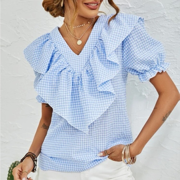 Boho blue white gingham print puff sleeve blouse - Picture 6 of 6